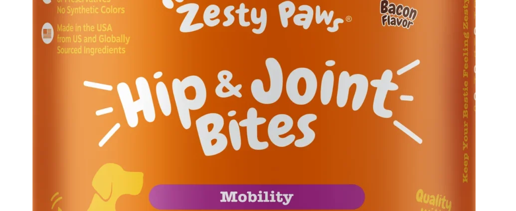 Zesty Paws hip and joint supplement soft chews spilled next to the jar