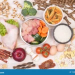 Bowl of fresh vegetables, meat, and kibble representing a healthy dog diet