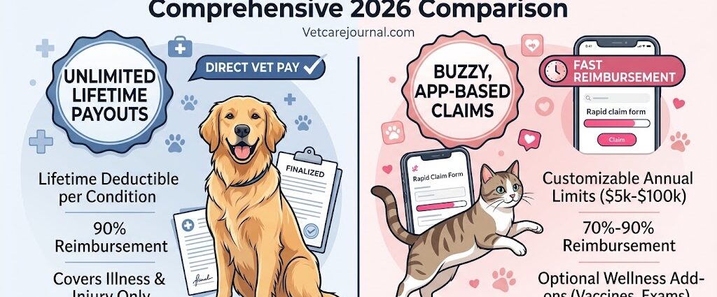 Trupanion vs Lemonade Pet Insurance side by side comparison featuring a Golden Retriever and a domestic short hair cat next to vet documents.