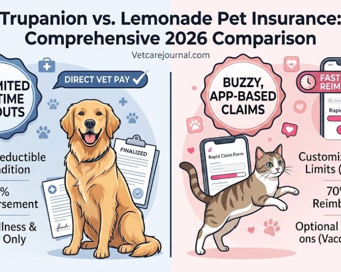Trupanion vs Lemonade Pet Insurance side by side comparison featuring a Golden Retriever and a domestic short hair cat next to vet documents.