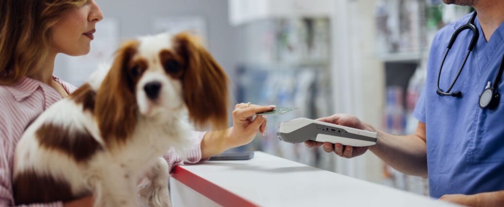 Pet owner paying for services at a veterinary clinic reception desk while holding a small dog